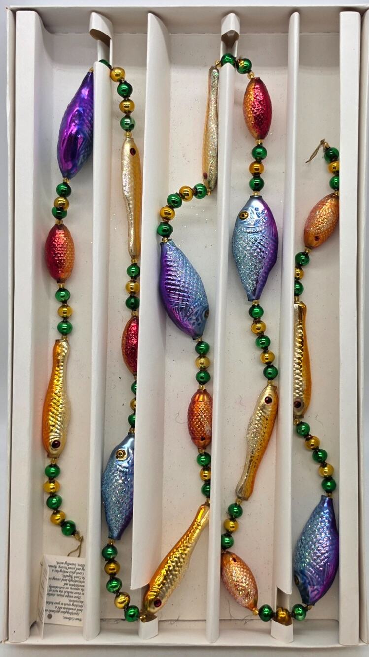VTG Christopher Radko Glass PISCES Fish Garland 72" X-mas Ornament Box